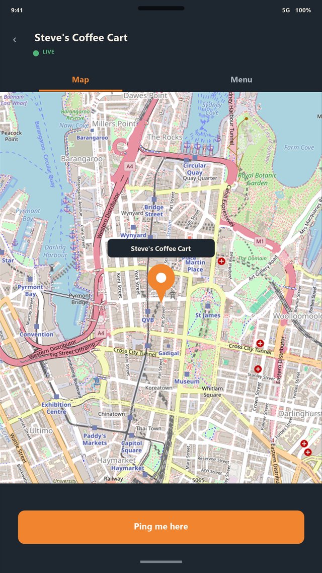 VendRoam live map showing a followed vendor's real-time location