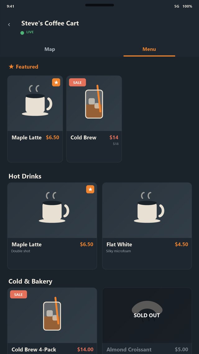 VendRoam vendor menu with photos, pricing, and sold-out flags